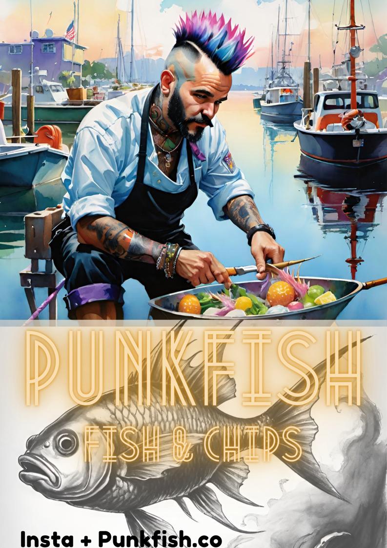 punk fish image of a man prepping food